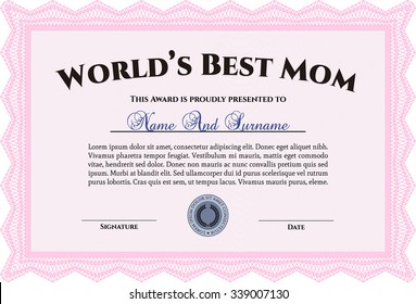 World's Best Mom Award Template. With guilloche pattern and background. Beauty design. Border, frame.