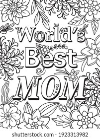 Weltbeste MOM-Schriftart mit Blumenmustern. Handgezeichnet mit schwarz-weißen Linien. Doodles Kunst für Muttertag oder Grußkarte. Farbgebung für Erwachsene und Kinder. Vektorgrafik