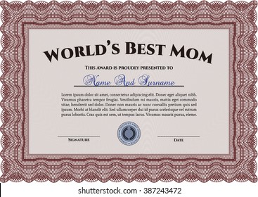 World's Best Mother Award. Easy to print. Detailed. Cordial design. 