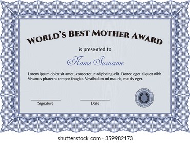 World's Best Mother Award. Elegant design. With guilloche pattern and background. Detailed.