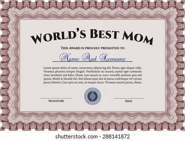 World's Best Mother Award. Excellent complex design. With background. Detailed.