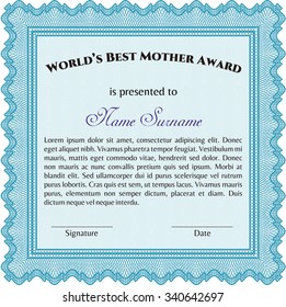 World's Best Mother Award. Excellent design. With great quality guilloche pattern. Border, frame.