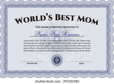 World's Best Mother Award Template. Complex design. Vector illustration.With guilloche pattern and background. 