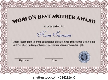 World's Best Mother Award Template. Retro design. Vector illustration.With guilloche pattern. 