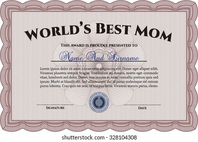 World's Best Mother Award Template. With guilloche pattern and background. Complex design. Vector illustration.