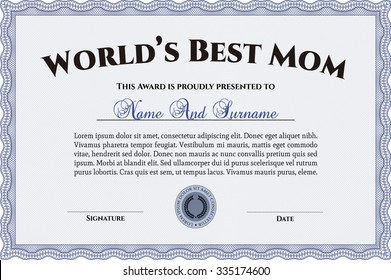World's Best Mother Award Template. Artistry design. With complex background. Detailed.