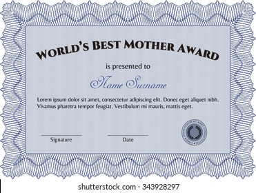 World's Best Mother Award Template. Customizable, Easy to edit and change colors.With guilloche pattern and background. Superior design. 