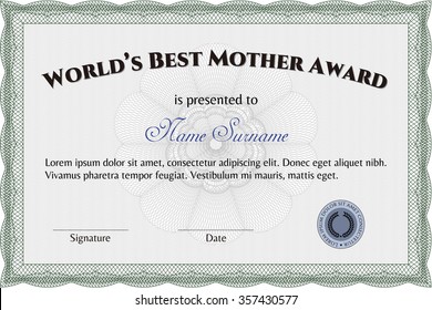 World's Best Mother Award. Vector illustration.Beauty design. With great quality guilloche pattern. 