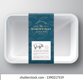 Worlds Best Pork Abstract Vector Plastic Tray Container Cover. Premium Meat Packaging Design Label Layout. Hand Drawn Pig, Steak, Sausage, Wings and Legs Sketch Pattern Background. Isolated.