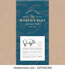 Worlds Best Pork Abstract Vector Craft Paper Vintage Cover Layout. Premium Meat Packaging Design Label. Hand Drawn Pig, Steak, Sausage, Wings and Legs Sketch Pattern Background. Isolated.