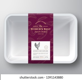 Worlds Best Poultry Abstract Vector Plastic Tray Container Cover. Premium Meat Packaging Design Label Layout. Hand Drawn Chicken, Steak, Sausage, Wings and Legs Sketch Pattern Background. Isolated.