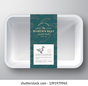 Worlds Best Poultry Abstract Vector Plastic Tray Container Cover. Premium Meat Packaging Design Label Layout. Hand Drawn Duck, Steak, Sausage, Wings and Legs Sketch Pattern Background. Isolated.