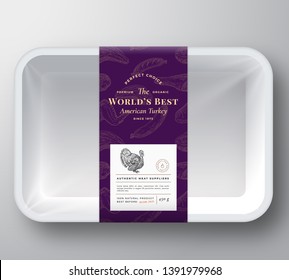 Worlds Best Poultry Abstract Vector Plastic Tray Container Cover. Premium Meat Packaging Design Label Layout. Hand Drawn Turkey, Steak, Sausage, Wings and Legs Sketch Pattern Background. Isolated.
