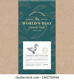 Worlds Best Poultry Abstract Vector Craft Paper Vintage Cover Layout. Premium Meat Packaging Design Label. Hand Drawn Duck, Steak, Sausage, Wings and Legs Sketch Pattern Background. Isolated.