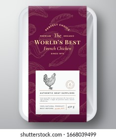 Worlds Best Poultry Abstract Vector Plastic Tray Container Cover. Premium Meat Vertical Packaging Design Label Layout. Hand Drawn Chicken, Steak, Sausage, Wings Sketch Pattern Background. Isolated.