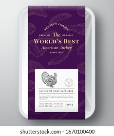 Worlds Best Poultry Abstract Vector Plastic Tray Container Cover. Premium Meat Vertical Packaging Design Label Layout. Hand Drawn Turkey, Steak, Sausage, Wings Sketch Pattern Background. Isolated.