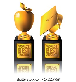 World's Best teacher and student trophies EPS 10 vector, grouped for easy editing. No open shapes or paths.