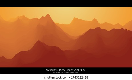 Worlds beyond abstract landscapes. Vector beautiful misty fog over mountain slopes. Abstract gradient eroded terrain surface background. Colorful waves.