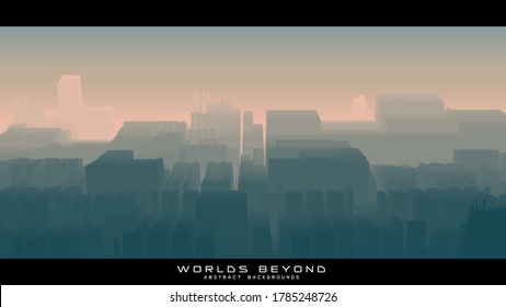 Worlds beyond abstract Sci-fi city landscapes. Vector beautiful misty fog over futuristic town. Abstract gradient urban landscape background. Colorful waves.