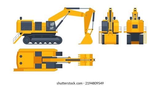 The world's biggest hydraulic mining excavator. View front, rear, side and top. Mining quarry, mine. Equipment for high-mining industry