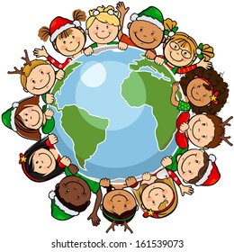 The world's children in a circle in the world with christmas clothes -single level-without the effects of transparency-EPS8