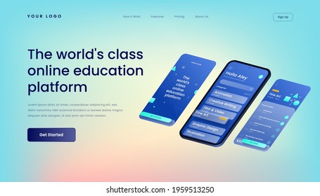 The world's class online education platform Landing Page Template with Gradient Background and Isometric 3d Vector Illustration Mobile User Interface