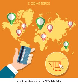 Worlds e-commerce map pointer man holding credit cards online store web market map points concept   