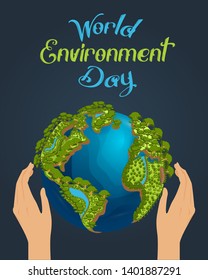 Worlds Environment Day concept. An illustration of our planet with beautiful nature: green trees, flowers, and plants, blue oceans, seas, and rivers in humans hands.