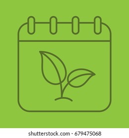 World's Environment Day linear icon. Calendar page with plant. Thin line outline symbols on color background. Vector illustration