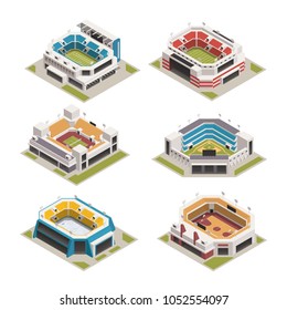 Worlds famous biggest sport competitions stadiums arenas and basketball court buildings isometric icons set isolated vector illustration 