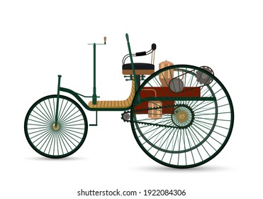 das erste Auto der Welt 1886 Benz Patent-Motorwagen. Vintage-Auto auf weißem Hintergrund mit Schatten. Vektorgrafik