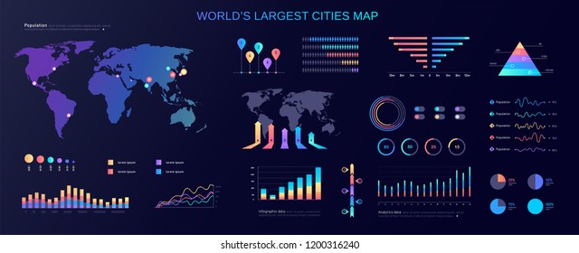 World`s largest cities humans population color gradient vector infographic set