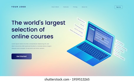 The world's largest selection of online courses Landing Page Template with Gradient Background and Isometric 3d Vector Illustration glass effect