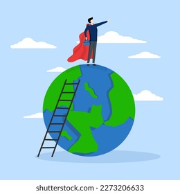 The world's male leader, entrepreneur hero on planet earth pointing direction. gentleman or CEO to lead an international company, super hero man to show direction for future success concept.