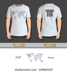 Worlds map printed on shirt. Vector illustration. 