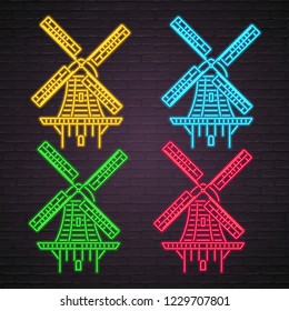 World's Most Famous Landmarks Amsterdam Netherlands Icon Neon Light Glowing Vector Illustration with Dark Background