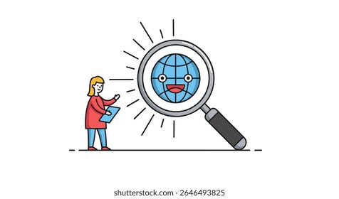 The world's search shows woman and globe inside magnifying glass in vector art
