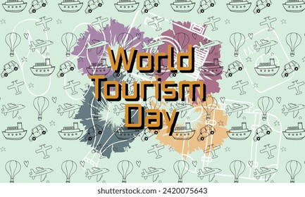 World's tourism day. Travel seamless pattern, typography,  vacation doodle journey drawn 4 colorful patchs on light bg. Traveling icons. Used for traveling backgrounds, posts, wrapping paper. Editable
