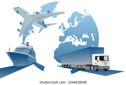 Worldwide 3d vector concept of Warehouse, trucks, containers, air delivery, railway . Easy to edit and customize. Vector illustration