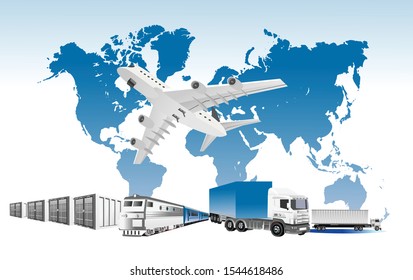 Worldwide 3d vector concept of Warehouse, trucks, containers, air delivery, railway . Easy to edit and customize. Vector illustration