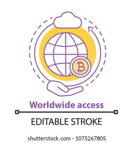 Worldwide access concept icon. Global cryptocurrency idea thin line illustration. Digital data storage. Vector isolated outline drawing. Editable stroke