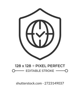 Weltweiter Zugriff Pixel perfekte Linie Symbol. Globale Sicherheit. Internationaler Standard, zertifizierter Status. Isolierte Vektorgrafik. Umrisssymbol. Einfache lineare Zeichnung. Bearbeitbarer Strich