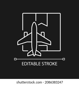 Worldwide air shipping service white linear icon for dark theme. Delivering goods by aircraft. Thin line customizable illustration. Isolated vector contour symbol for night mode. Editable stroke