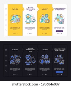 Worldwide asset issues onboarding vector template. Responsive mobile website with icons. Web page walkthrough 4 step screens. Liquidity, protection night and day mode concept with linear illustrations