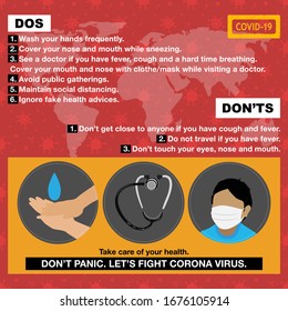 Worldwide awareness/appeal/advisory/steps to follow. Useful, graphic, informative banner/poster/campaign/ad design with the dos and don'ts text guidelines, to fight the COVID - 19/Novel Corona virus. 