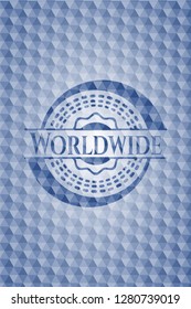 Worldwide blue badge with geometric pattern background.