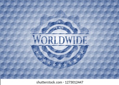 Worldwide blue emblem with geometric pattern background.