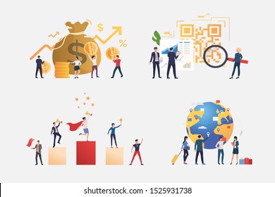 Worldwide business illustration set. People winning award, travelling, carrying money, reading QR code. Business concept. Vector illustration for banners, layouts, website design