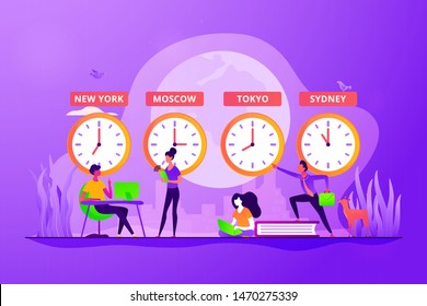 Worldwide business, international company branches. Clocks showing local timezone. Time zones, international time, world business time concept. Vector isolated concept creative illustration