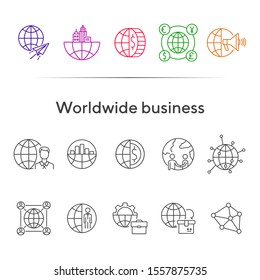 Worldwide business line icon set. Planet, currency, diagram, businessman. Business concept. Can be used for topics like finance management, investment, partnership